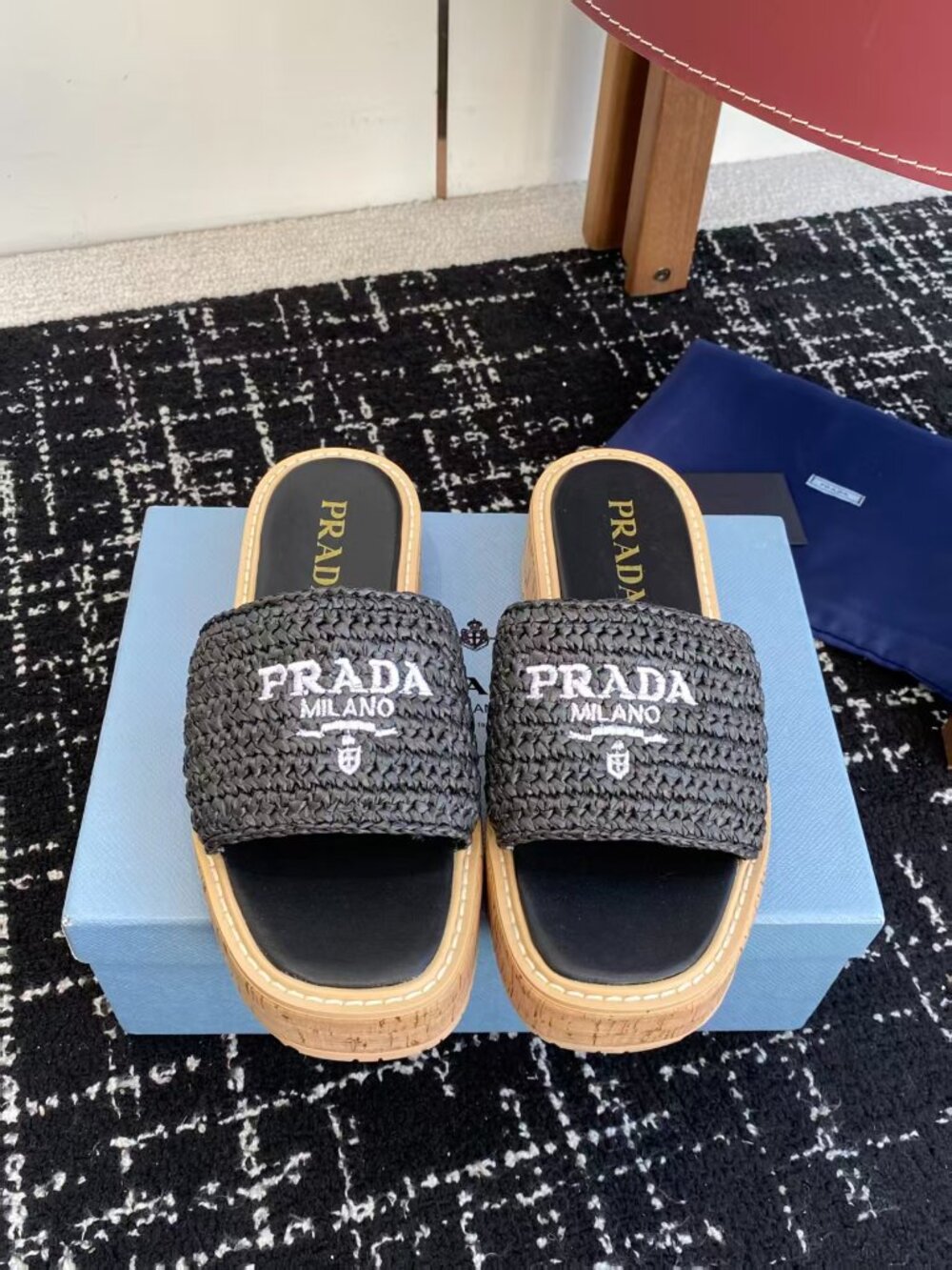 Prada Black Woven Platform Slide Sandals Embroidered Logo Slip On Mules